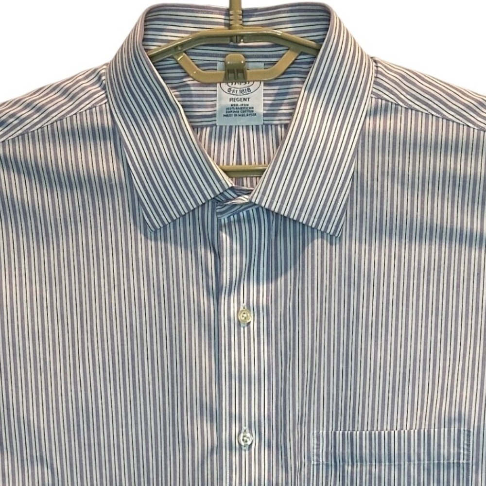 Brooks Brothers Dress Shirt 17.5 37 Mens Blue White Striped Regent Cotton